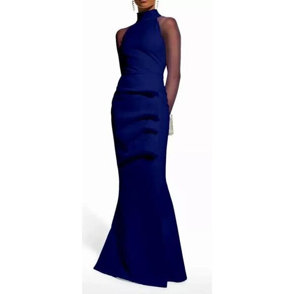 NEW Chiara Boni Maylys Mock-Neck Mesh Sleeve Illusion Gown Blue IT46 Size 10 - Picture 2 of 8